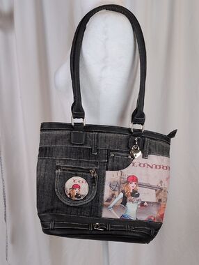 Y2K Black Graphic Denim Tote Bag London Aesthetic Shoulder Handbag